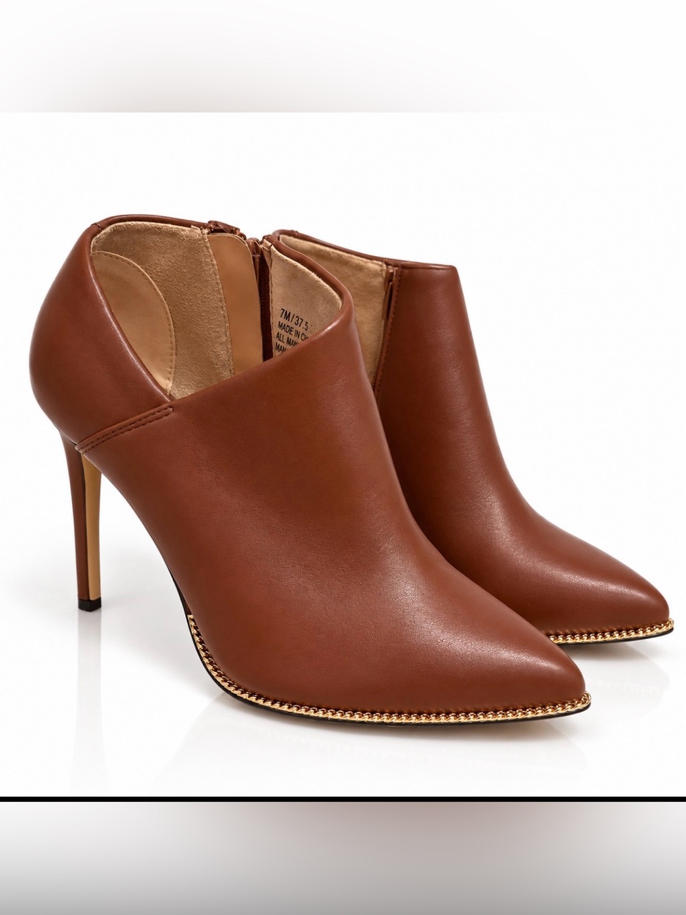 BCBGeneration Brown Pointed Toe Stiletto Ankle Booties with Gold Trim